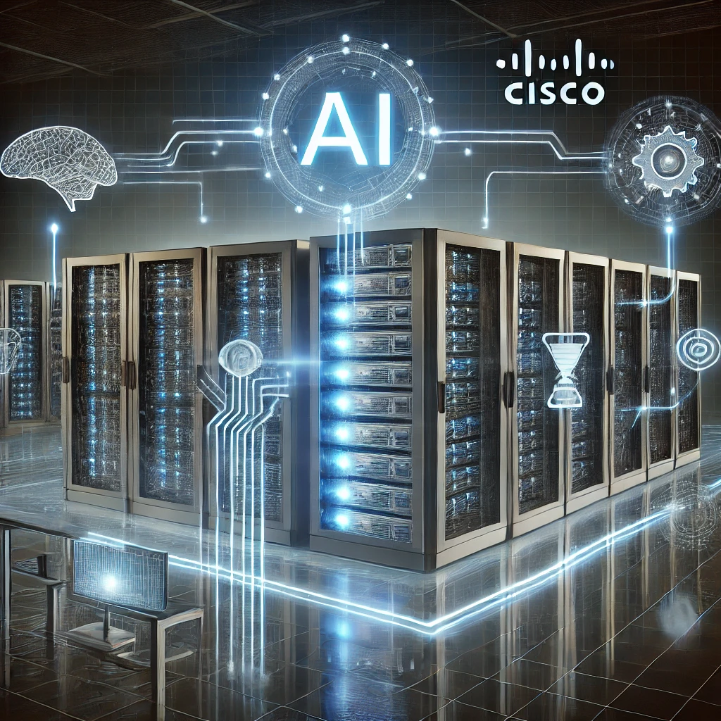 시스코의 AI 인프라 개발을 상징하는 미래 지향적 데이터센터와 네트워크 연결이 강조된 기술적 그래픽