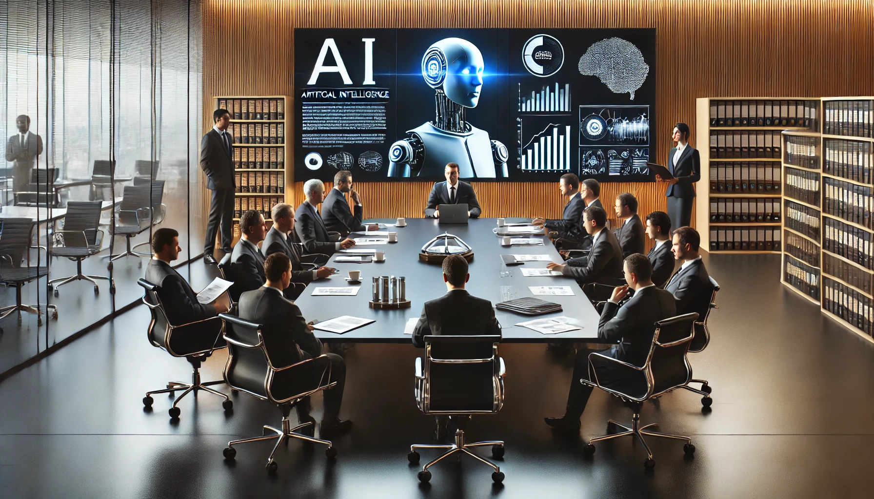 AI 기술과 기업 간 갈등을 주제로, 긴장된 분위기의 경영진 회의가 진행되는 모습